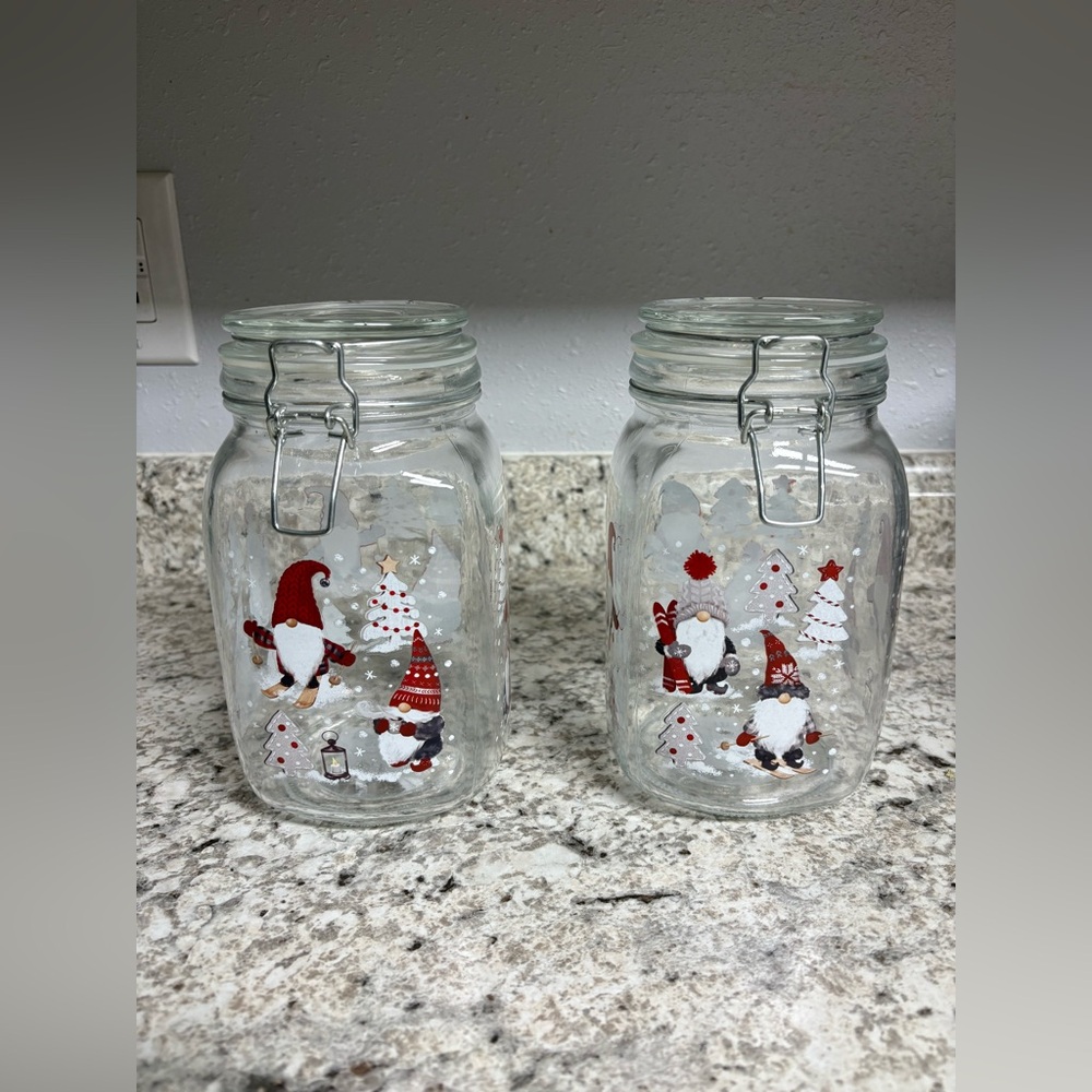 Festive Gnome Holiday Glass Jars - Red and White